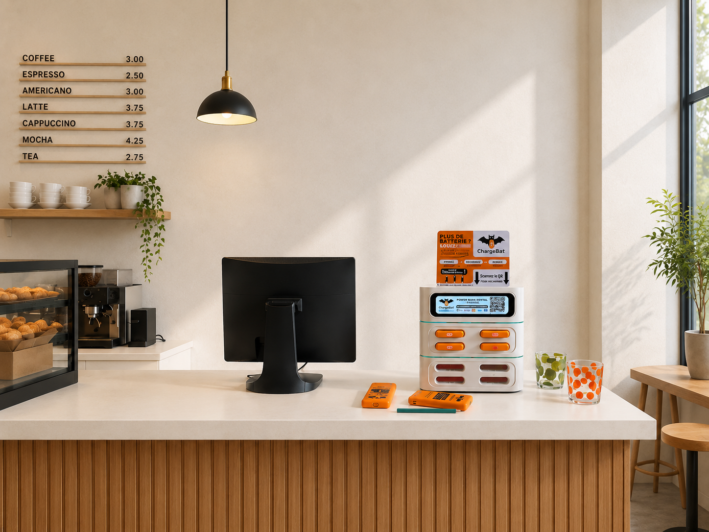 Station ChargeBat sur un comptoir de café