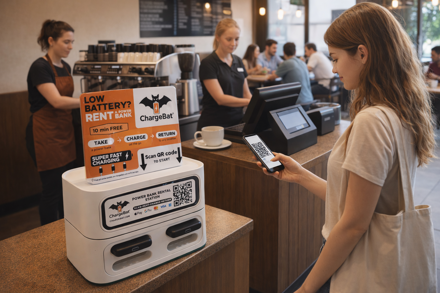 Station ChargeBat installée sur le comptoir d'un café