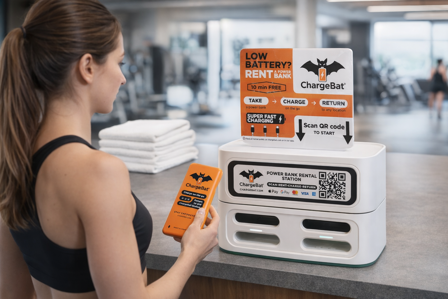 Station ChargeBat placée à l'accueil d'une salle de sport