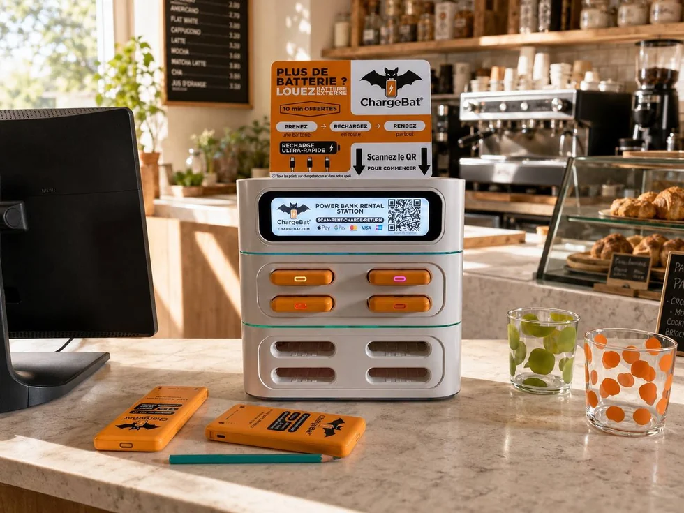 Station ChargeBat présentée dans un café