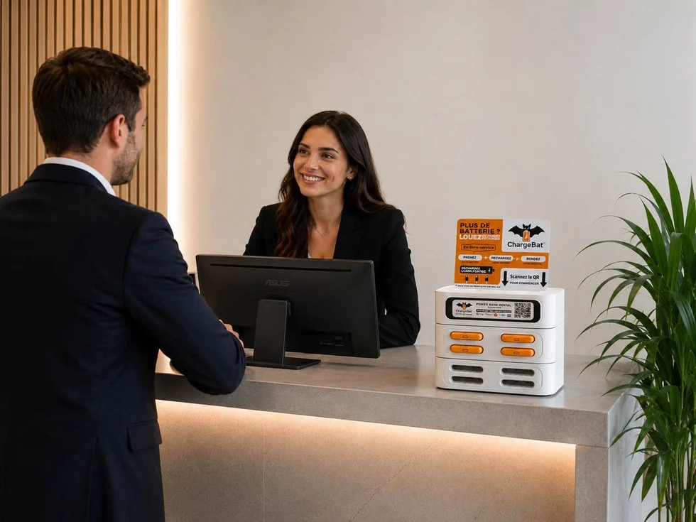 Station ChargeBat placée à l'accueil d'un établissement